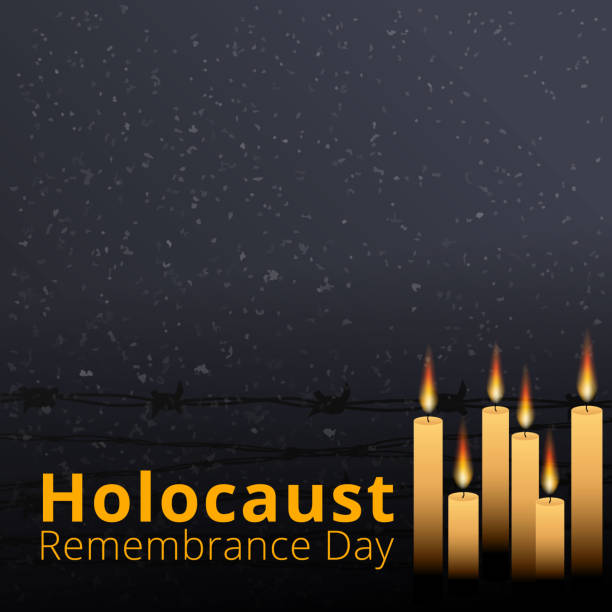 dikenli tel ve yedi anıt mumlar, uluslararası holokost anma günü afişi, 27 ocak. - holocaust remembrance day stock illustrations