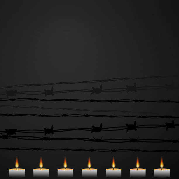 drut kolczasty i siedem świec pamięci, plakat międzynarodowego dnia pamięci o ofiarach holokaustu, 27 stycznia. - holocaust remembrance day stock illustrations