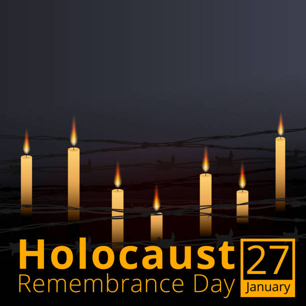 drut kolczasty i siedem świec pamięci, plakat międzynarodowego dnia pamięci o ofiarach holokaustu, 27 stycznia. - holocaust remembrance day stock illustrations