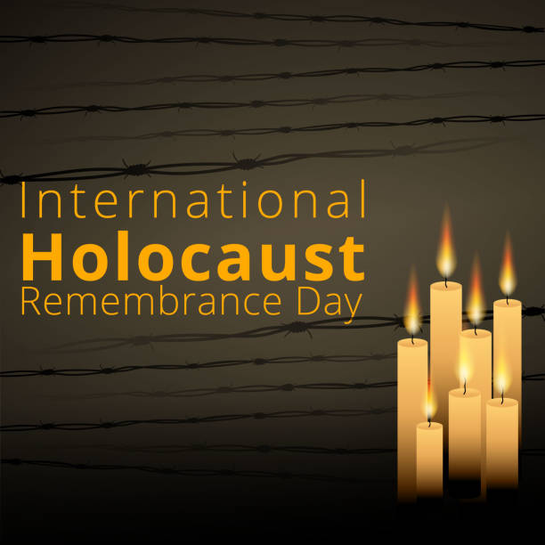 철조망과 일곱 개의 기념 촛불, 국제 홀로코스트 현충일 포스터, 1월 27일. - holocaust remembrance day stock illustrations