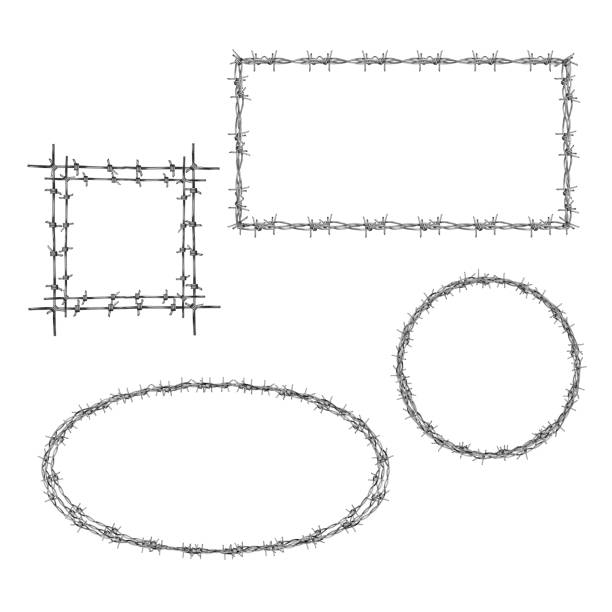 Barbed wire various frame realistic vector set Wreathed with barbed wire rectangle, square and round frames realistic vector set isolated on whiter background. Concentration camps prisoners memorial, struggle for freedom concept design element barbed wire stock illustrations