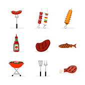 Barbeque food flat illustrations set. Grilled pork, chicken meat and fish vector isolated cliparts. Fried sausages, kebab, vegetables. BBQ cutlery, grill pack. Cooked meal for picnic, outdoor party
