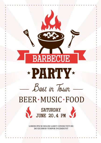 Barbeque party best in town template with text Barbeque party best in town template with text vector illustration. Invitation with grill and food flat style. Beer music food. Address information of festive event. Fun concept party social event stock illustrations