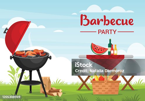 istock Barbeque party outdoors colorful flat vector illustration 1205308949