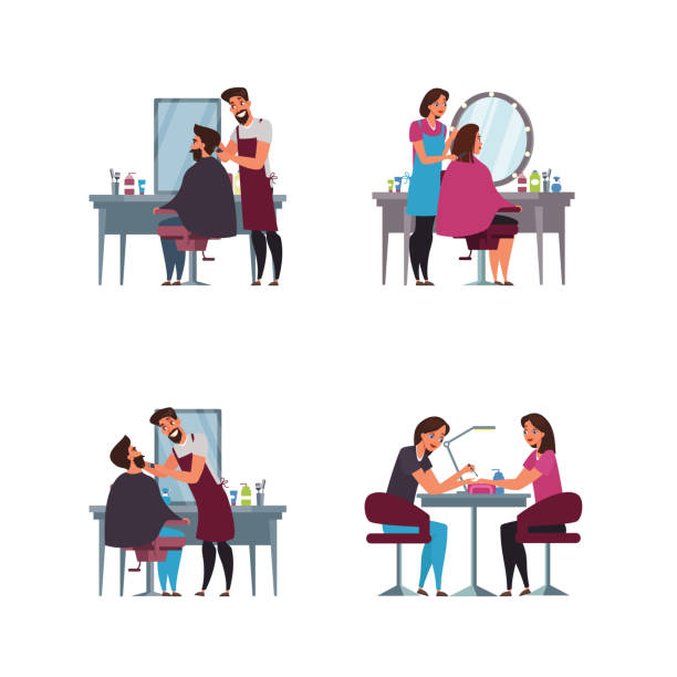 Barber shop, hairdressing room flat illustration Barber shop, hairdressing room flat illustration. Professional stylists in apron and clients in armchair cartoon characters. Hairdresser profession. Haircutting and manicuring beauty clipart stock illustrations
