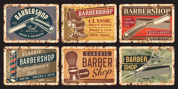 Barbershop and hairdresser vector rusty plates
