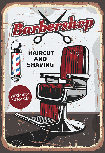 Barbershop chair and scissors, retro vector