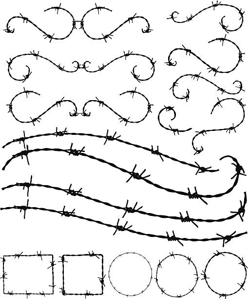 Barbwire ornament and frames Barbwire design elements. barbed wire stock illustrations