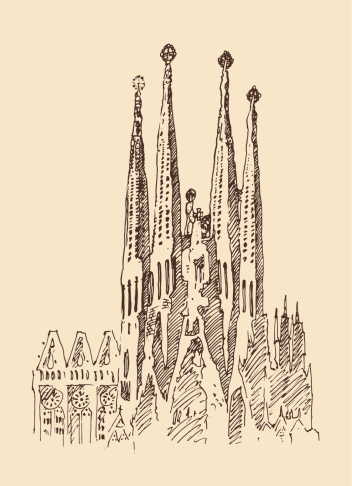 Barcelona sights, city architecture, vintage engraved illustration, hand drawn