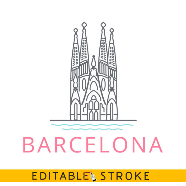 barselona, ispanya, sagrada familia tapınağı. kolay düzenlenebilir kontur çizgisi simgesi. - barcelona stock illustrations