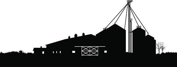 Barn and farm silos vector art illustration