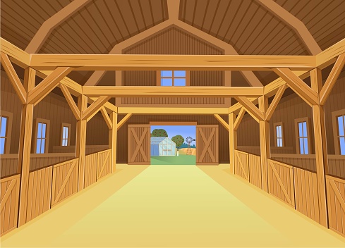 A barn for farm animals, view inside. Vector illustration in cartoon style