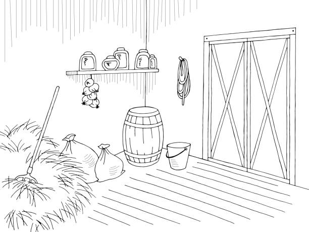 stockillustraties, clipart, cartoons en iconen met schuur magazijn grafisch interieur zwart wit schets illustratie vector - plankje plant touw