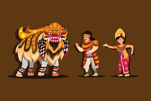 Barong Traditional Dance from Bali Indonesia. male and woman wearing costume and dancing in performance show. illustration concept in cartoon vector