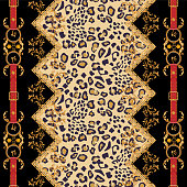 Baroque striped pattern with golden chains and belts. Seamless patch for scarfs, print, fabric.