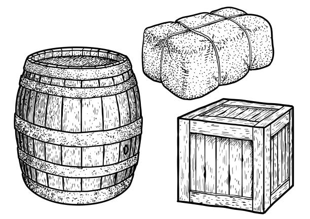 Barrel, box, package illustration, drawing, engraving, ink, line art, vector Illustration, what made by ink, then it was digitalized. crate stock illustrations