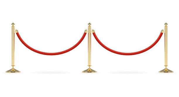 Barriers with red rope Barriers with red rope line. Red carpet event enterance gate. VIP zone, closed event restriction. Realistic image of golden poles with velvet rope. Isolated on white background. Vector illustration. entrance sign stock illustrations