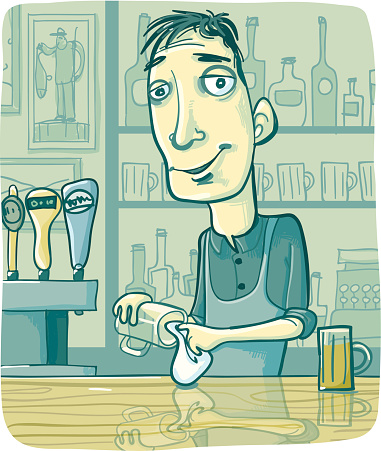 Bartender Wiping Beer Glass at Pub Bar Counter