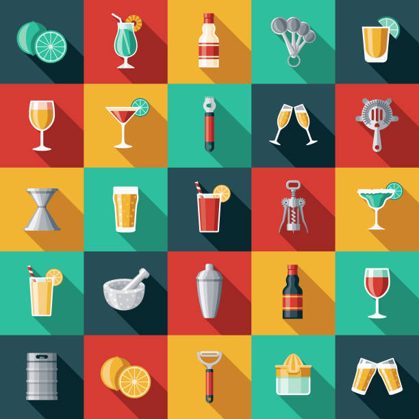 Bartending Icon Set A set of icons. File is built in the CMYK color space for optimal printing. Color swatches are global so it’s easy to edit and change the colors. cocktail stock illustrations