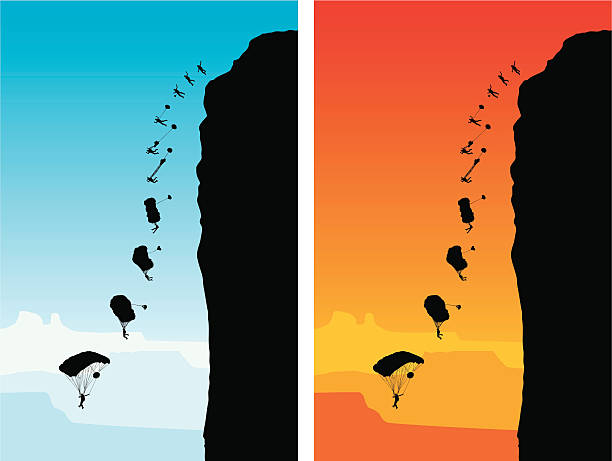 Base Jumping A 10 silhouette sequence of a base jumper jumping off a cliff. All the images have good detail. cliff jumping stock illustrations