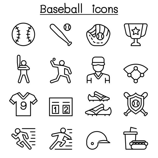 Baseball and softball icon set in thin line style  batting sports activity stock illustrations