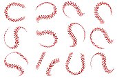Baseball ball lace. Realistic softball balls with red threads stitches graphic elements, spherical stroke lines leather sport equipment, vector isolated set