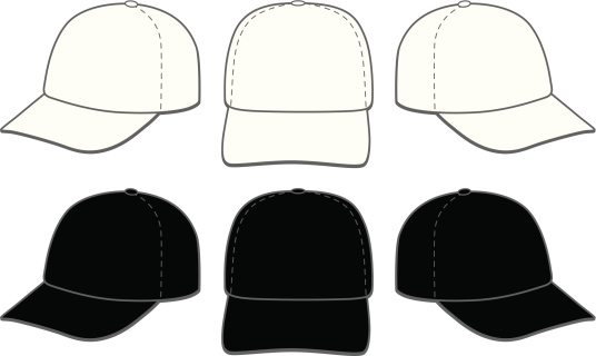 vector illustration of six baseball caps. Three in white and three in black. Great for displaying logo and artwork layouts.