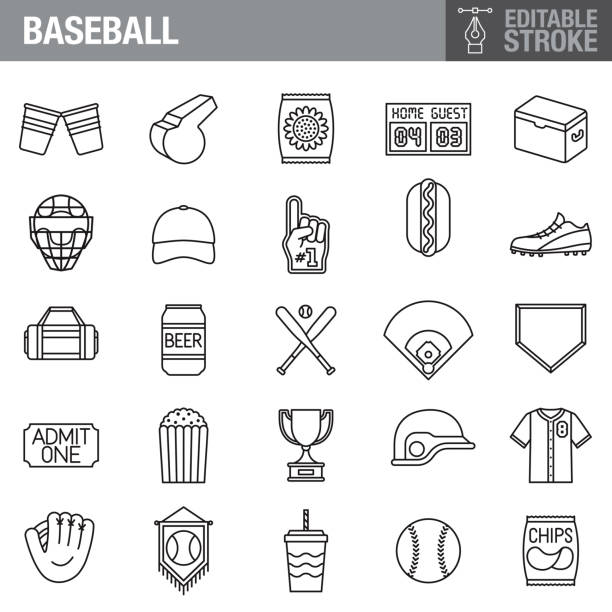 Baseball Editable Stroke Icon Set A set of editable stroke thin line icons. File is built in the CMYK color space for optimal printing. The strokes are 2pt black and fully editable, so you can adjust the stroke weight as needed for your project. baseball uniform stock illustrations
