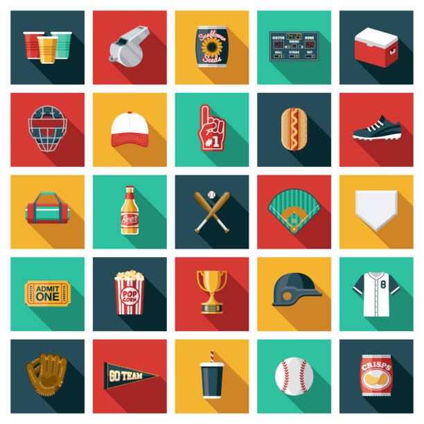 Baseball Icon Set A set of twenty-five square flat design icons with long side shadows. File is built in the CMYK color space for optimal printing. Color swatches are global so it’s easy to edit and change the colors. base sports equipment stock illustrations