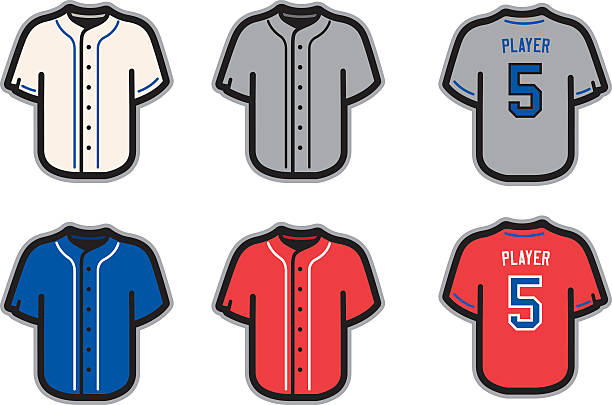 Baseball jersey template ideas in white, gray, blue and red Vector baseball jerseys. Features home, road and alternate, as well as front and back views. Perfect for a starting lineup design. Customize with your own colors and text. baseball uniform stock illustrations