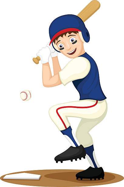 Baseball Kid Vector illustration of a cartoon kid preparing to swing his bat at an incoming baseball.  Illustration uses no gradients, meshes or blends, only solid color.  Both .ai and AI8-compatible .eps formats are included, along with a high-res .jpg, and a high-res .png with transparent background. batting sports activity stock illustrations