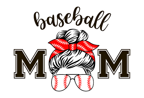 Baseball mom with sunglasses and bandana. Vector mom life print. Messy bun design.