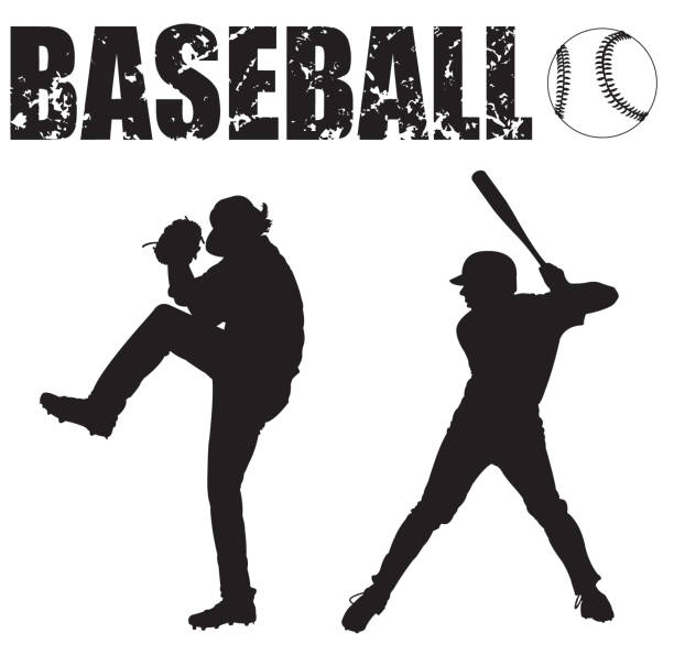Baseball Pitcher, Batter, Ball and Typescript Black and white Silhouette illustrations of a baseball pitcher, batter, ball and the word "baseball". baseball player stock illustrations