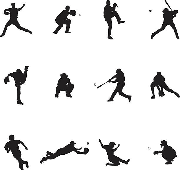 Baseball Set Of Twelve Black Vector Silhouette Illustrations  baseball player stock illustrations