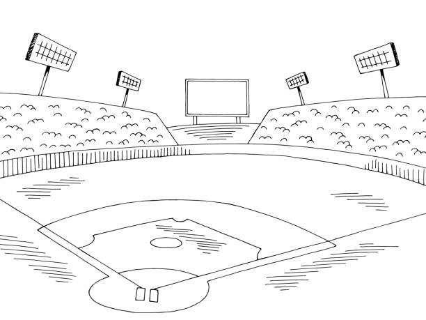 illustrazioni stock, clip art, cartoni animati e icone di tendenza di stadio di baseball sport grafico nero bianco schizzo schizzo vettore - stadio
