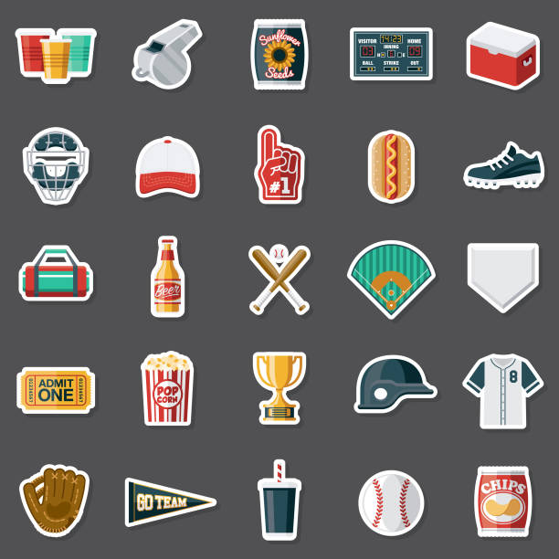Baseball Sticker Set A set of flat design sticker icons. File is built in the CMYK color space for optimal printing. Color swatches are global so it’s easy to edit and change the colors. base sports equipment stock illustrations