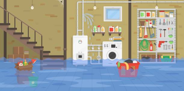 basement Interior flooded basement with boiler, washer, stairs, shelf with tools. Broken water pipeline with leakage. Vector illustration of flat cartoon style. flooding stock illustrations