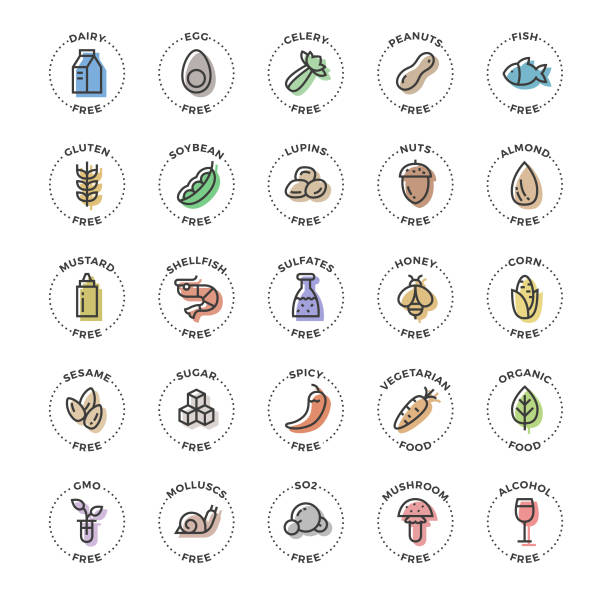 illustrations, cliparts, dessins animés et icônes de 25 allergènes de base et icônes de ligne de régime ensemble. - liberté