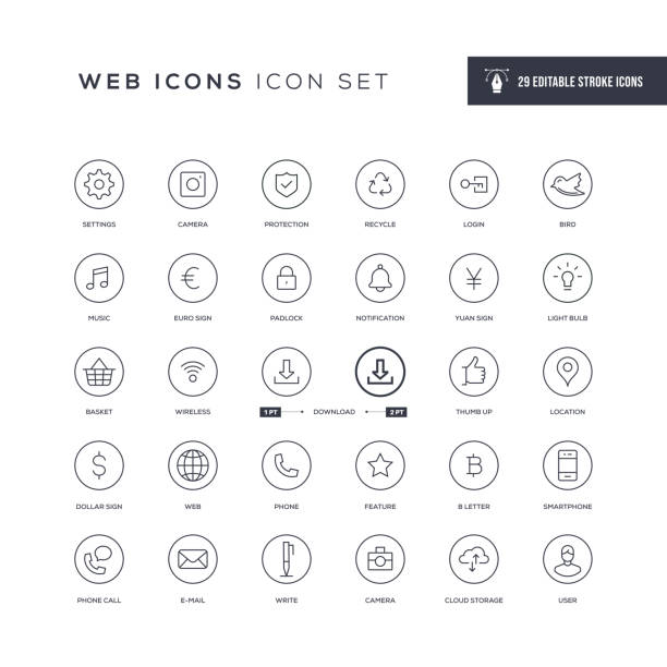 Basic Interface Editable Stroke Line Icons 29 Basic Interface Icons - Editable Stroke - Easy to edit and customize - You can easily customize the stroke with social media icons vector stock illustrations