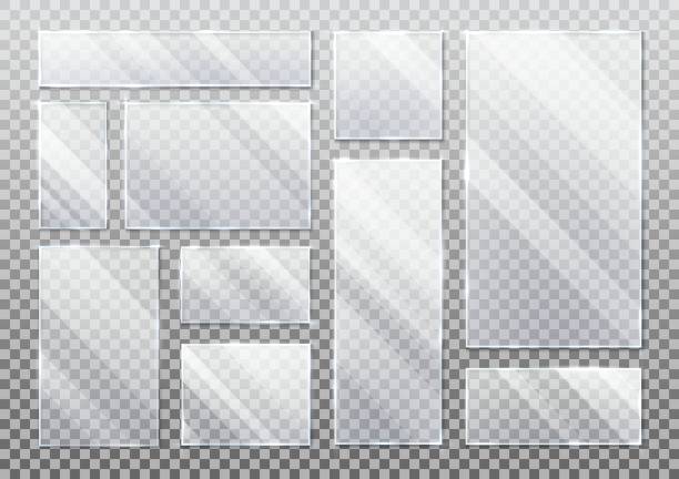 Basic RGB Set of realistic glass plate on transparent, glassware plaque background in rectangle, square form. Acrylic texture for smartphone display or screen, tablet protection. White inscription element drinking glass stock illustrations