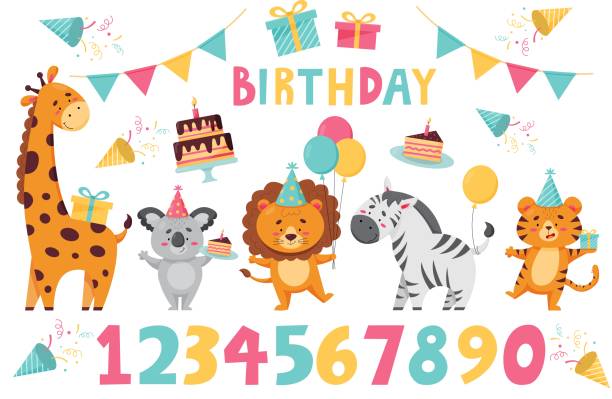 Basic RGB Collection of birthday clipart with funny animals. Design for greeting cards, invitations and baby products. birthday clipart stock illustrations
