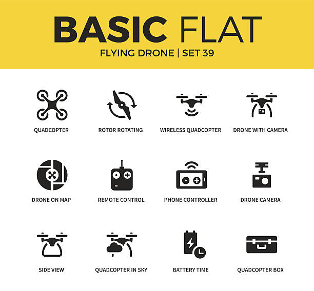 Basic set of Flying drone icons Basic set of side view, camera and phone controller icons. Modern flat pictogram collection. Vector material design concept, web symbols and logo concept. drone icons stock illustrations