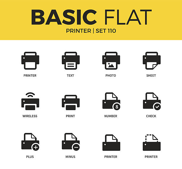 Basic set of Printer icons Basic set of wireless, photo and print icons. Modern flat pictogram collection. Vector material design concept, web symbols and logo concept. computer printer stock illustrations