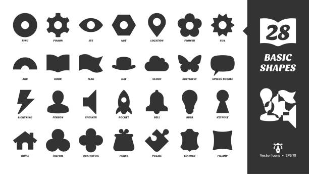 Basic simple glyph shapes icon set with simple silhouette ring, pinion, eye, nut, location, flower, sun, arc, book, flag, hat, cloud butterfly, speech bubble and more black symbols. Basic simple glyph shapes icon set with simple silhouette ring, pinion, eye, nut, location, flower, sun, arc, book, flag, hat, cloud butterfly, speech bubble and more black symbols. rocketship silhouettes stock illustrations