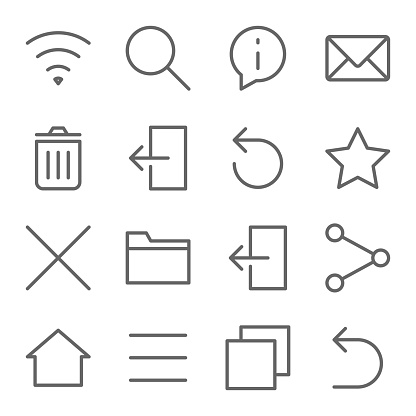 Basic UI icon illustration vector set. Contains such icon as Mail, Star, Bin, Log out, Printer, Undo, and more. Expanded Stroke