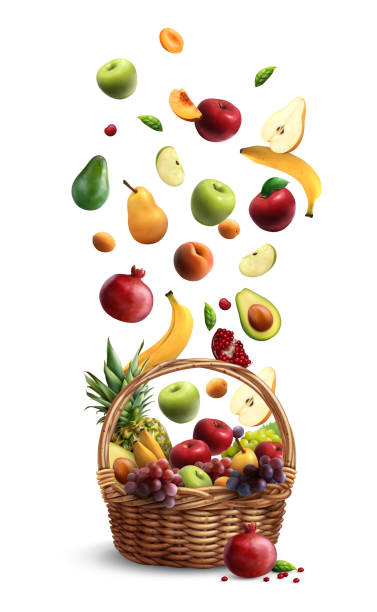 basket falling fruits realistic Ripe fruits falling in traditional wicker basket with handle realistic composition with pear banana apple vector illustration abundance stock illustrations