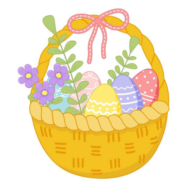 Basket with easter eggs Basket with colorful easter eggs and flowers. Isolated vector illustration on white background easter sunday stock illustrations