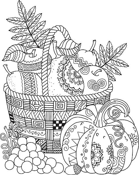 Basket with harvest fruits, pumpkin and grape. Thanksgiving Day. Autumn harvest Basket with harvest fruits, pumpkin and grape. Thanksgiving Day. Autumn harvest. Coloring book for adult meditation and relax. coloring pages stock illustrations