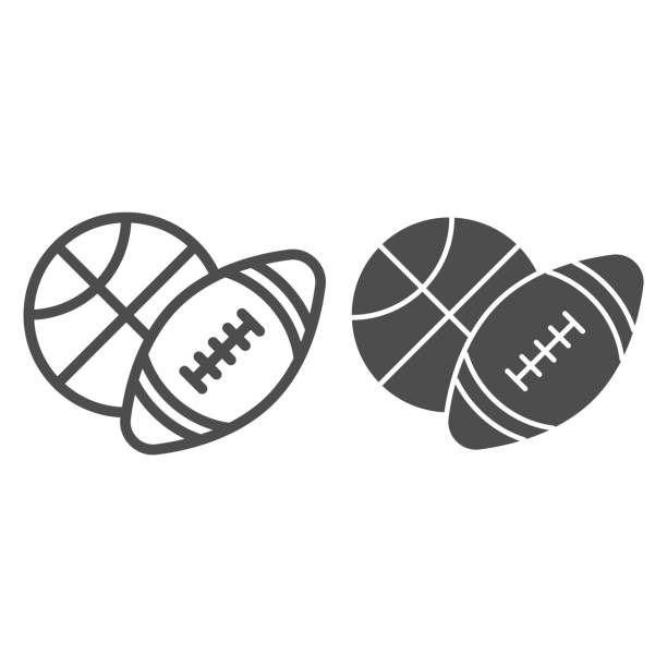 籃球和足球線和堅實的圖標,體育概念,運動球標誌在白色背景,籃球和橄欖球圖標在輪廓風格為移動概念,網頁設計。向量圖形。 - 欖球 運動 幅插畫檔、美工圖案、卡通及圖標
