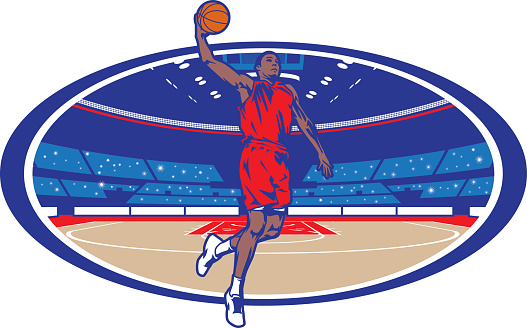 Illustration of a basketball player dunking in arena background. All elements are separated in layers. Easy to edit. Black and white version (EPS10,JPEG) included. vector